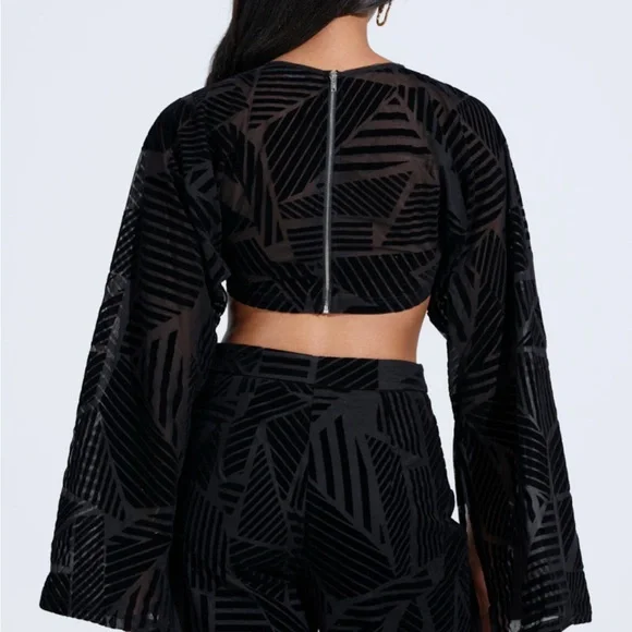 AKIRA’S Having Regrets About You See Through Black Velvet Geometric Pattern Top - Picture 5 of 7